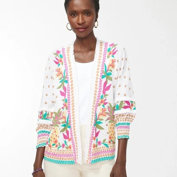 Chico’s Summer Romance Tropical Trim Cardigan Sweater 🌺